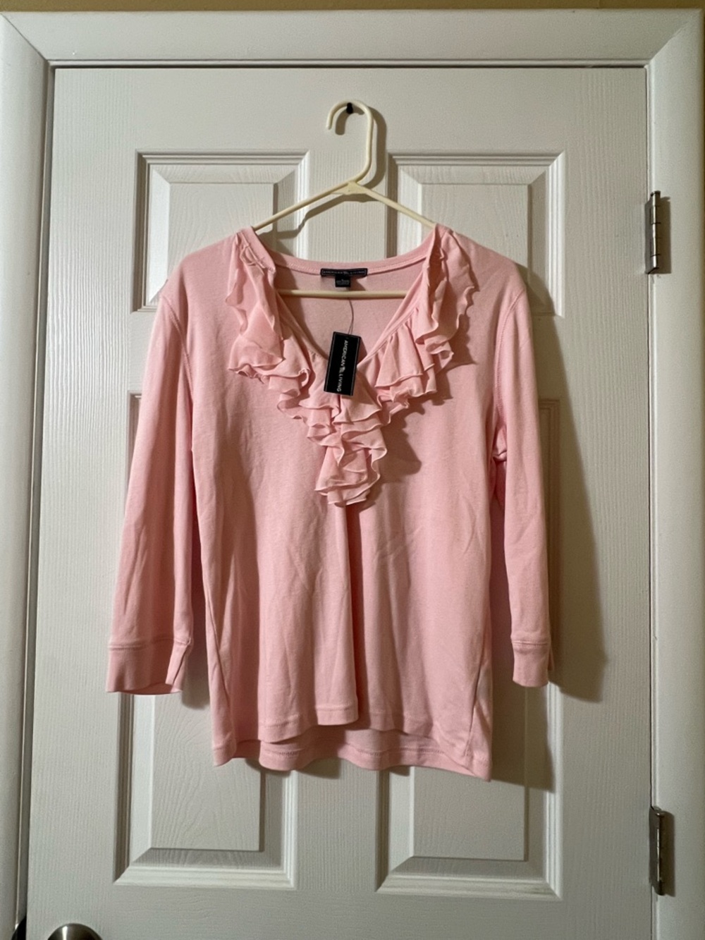 American Living Pink Ruffle V-Neck Long Sleeve Top